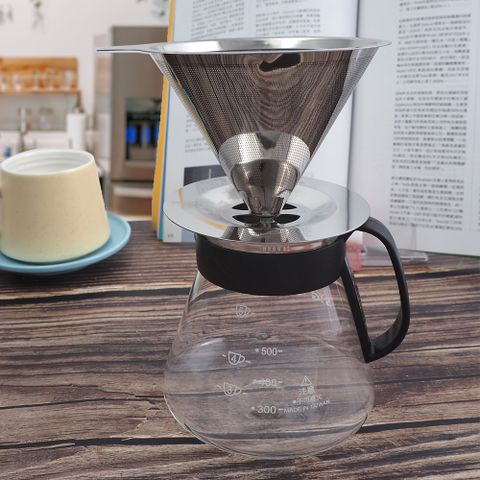 【一品川流】coffee play 304不鏽鋼咖啡濾杯-1~4杯+咖啡玻璃壺-600ml