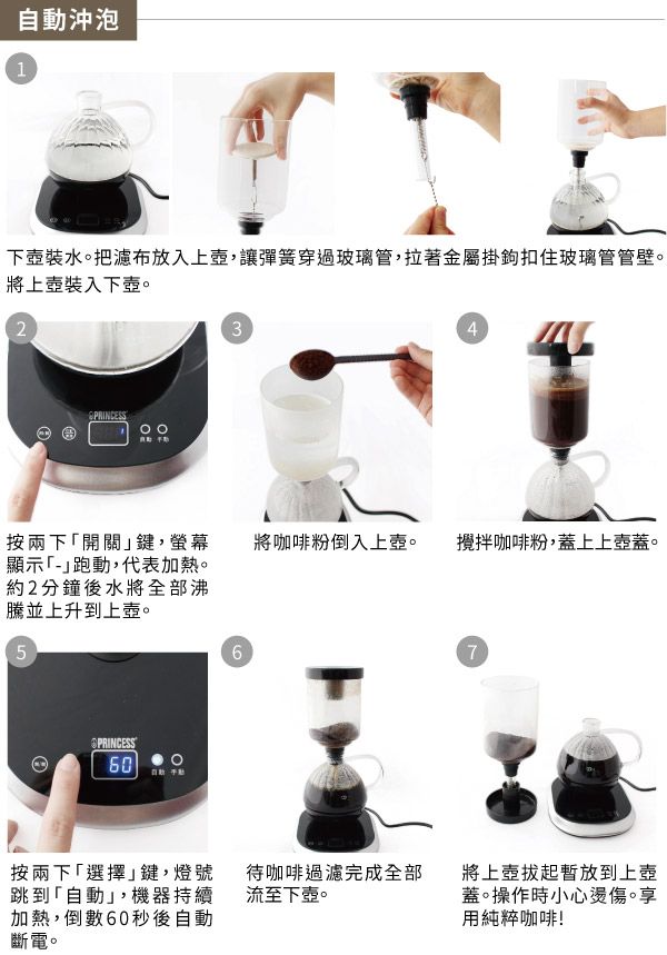 自動沖泡1下壺裝水。把濾布放入上壺,讓彈簧穿過玻璃管,拉著金屬掛鉤扣住玻璃管管壁。將上壺裝入下壺。234PRINCESS按兩下開關鍵,螢幕顯示「-」跑動,代表加熱。約2分鐘後水將全部沸騰並上升到上壺。將咖啡粉倒入上壺。攪拌咖啡粉,蓋上上壺蓋。567PRINCESS60按兩下「選擇」鍵,燈號跳到「自動」,機器持續加熱,倒數60秒後自動斷電。待咖啡過濾完成全部流至下壺。將上壺暫放到上壺蓋。操作時小心燙傷。享用純粹咖啡!