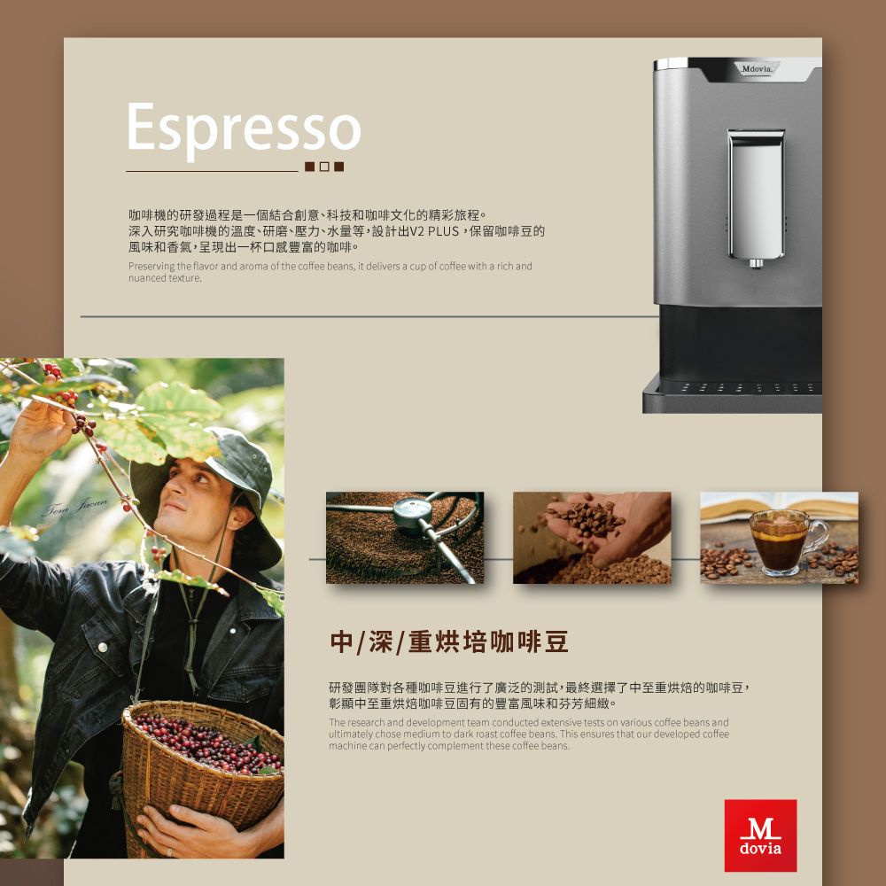 Espresso□咖啡機的研發過程是一個結合創意、科技和咖啡文化的精彩旅程。深入研究咖啡機的溫度、研磨、壓力、水量等,設計出V2 PLUS,保留咖啡豆的風味和香氣,呈現出一杯口感的咖啡。Preserving the flavor and aroma of the coffee beans, it delivers a cup of coffee with a rich andnuanced texture中/深/重烘培咖啡豆研發團隊對各種咖啡豆進行了廣泛的測試,最終選擇了中至重烘焙的咖啡豆,彰顯中至重烘焙咖啡豆固有的豐富風味和芬芳細緻。The research and development team conducted extensive tests on various coffee beans andultimately chose medium to dark roast coffee beans This ensures that our developed coffeemachine can perfectly complement these coffee beans.Mdovia.Mdovia