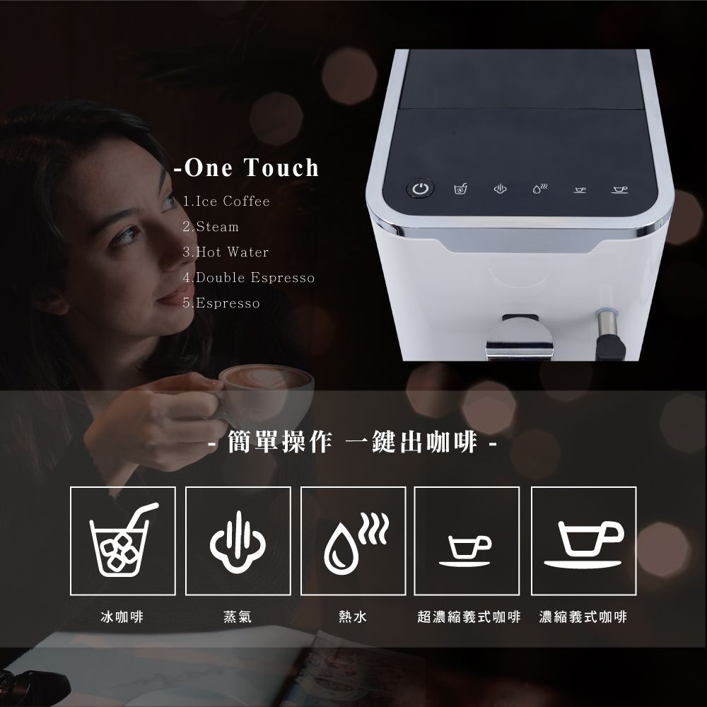 -One Touch1.Ice Coffee2.Steam3.Hot Water4.Double Espresso5.Espresso「簡單操作 一鍵出咖啡 -P冰咖啡蒸氣熱水超濃縮義式咖啡 濃縮義式咖啡