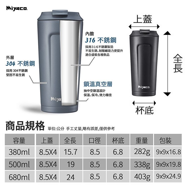 一品川流 米雅可 品味316不鏽鋼真空咖啡隨行杯-380ml-2支