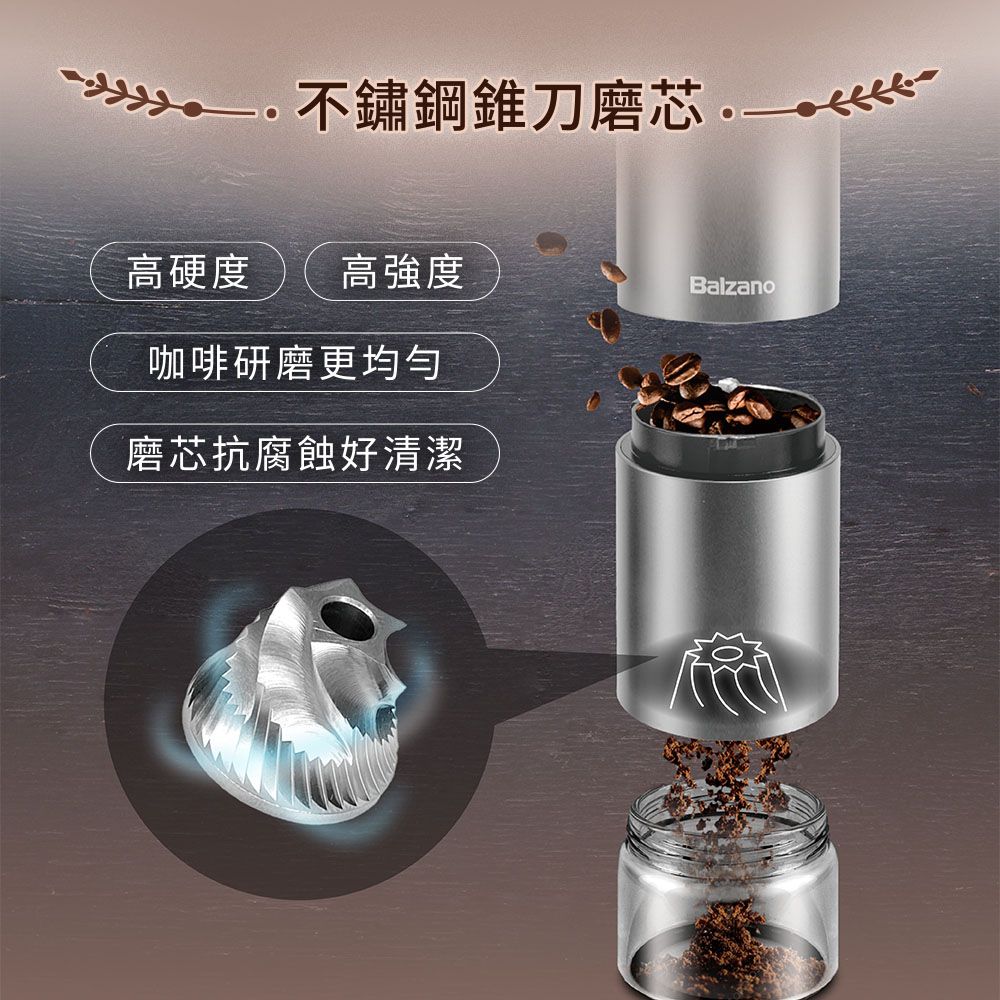Balzano 充電隨行不鏽鋼錐刀磨豆機 BZ-EG180