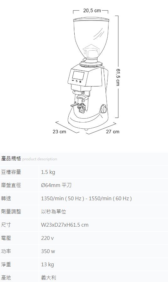 20,5 cm cm23 cm27 cm產品規格 product description豆槽容量1.5 kg磨盤直徑轉速Ø64mm 平刀1350/min(50Hz)-1550/min(60Hz)劑量調整以秒為單位尺寸W23xD27xH61.5 cm電壓220v功率350w淨重13 kg產地義大利