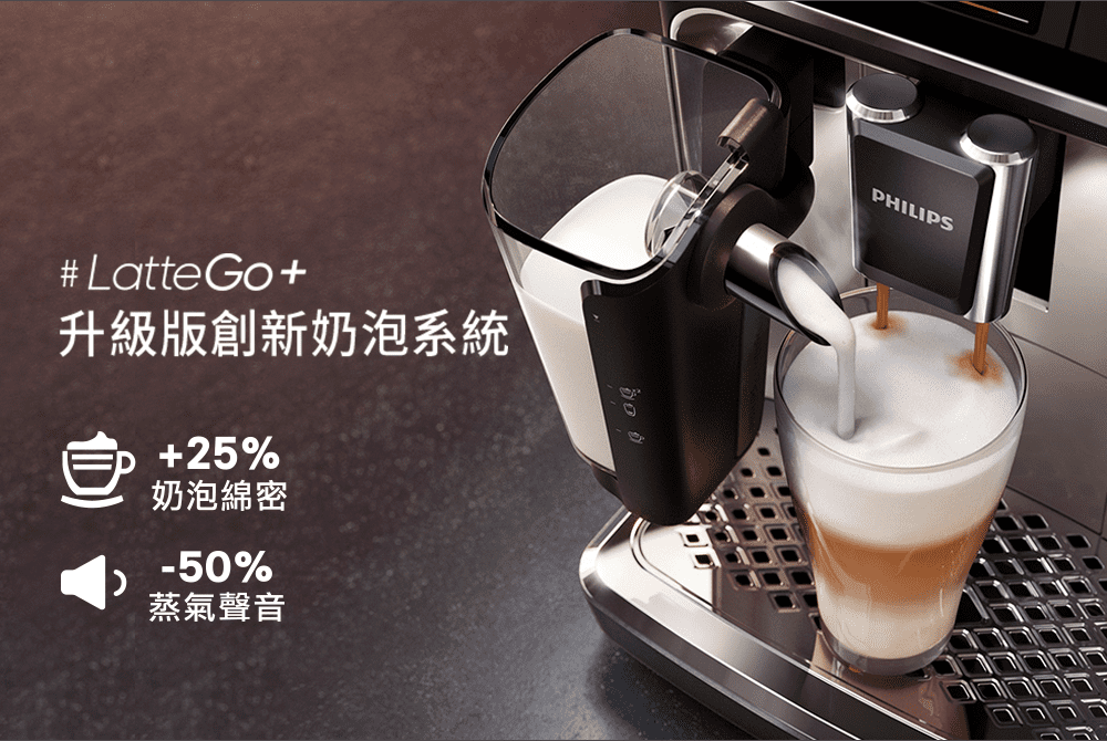 # LatteGo升級版創新奶泡系統+25%奶泡綿密-50%蒸氣聲音PHILIPS