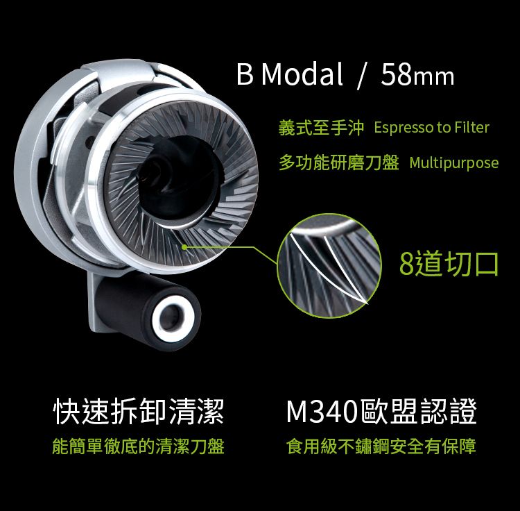 快速拆卸清潔能簡單徹底的清潔刀盤B Modal/58mm義式至手 Espresso to Filter多功能研磨刀盤 Multipurpose8道切口M340歐盟認證食用級不鏽鋼安全有保障