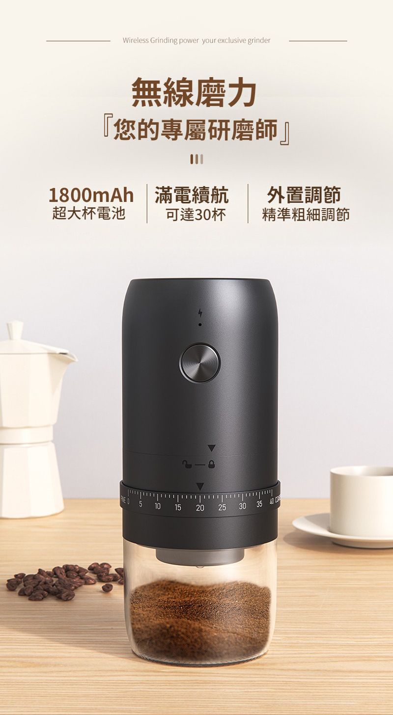 Wireless Grinding power your exclusive grinder無線磨力『您的專屬研磨師』1800mAh滿電續航外置調節超大杯電池可達30杯精準粗細調節  10 152025 30 35