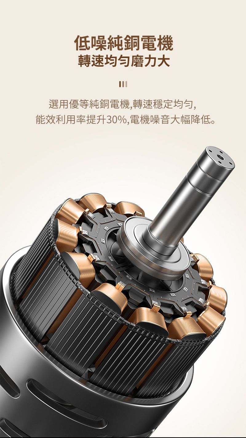 低噪純銅電機轉速均匀磨力大選用優等純銅電機,轉速穩定均勻,能效利用率提升30%,電機噪音大幅降低。