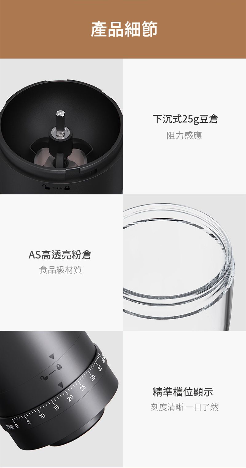 AS高透亮粉倉食品級材質 51015202530 35產品細節下沉式25g豆倉阻力感應精準檔位顯示刻度清晰一目了然