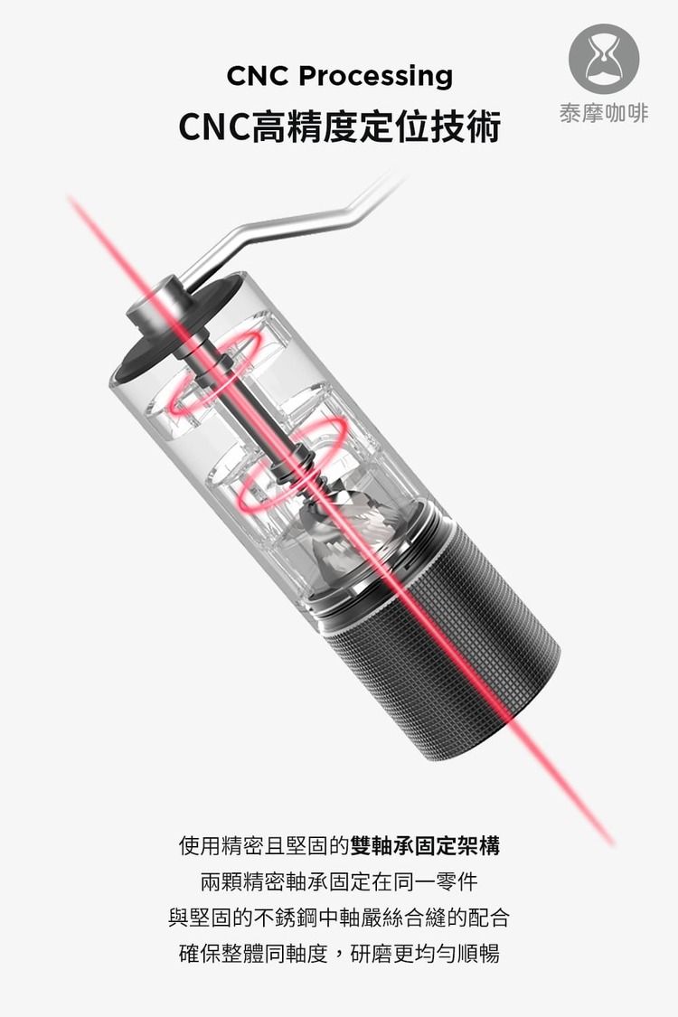 CNC ProcessingCNC高精度定位技術泰摩咖啡使用精密且堅固的雙軸承固定架構兩顆精密軸承固定在同一零件與堅固的不銹鋼中軸嚴絲合縫的配合確保整體同軸度,研磨更均勻順暢
