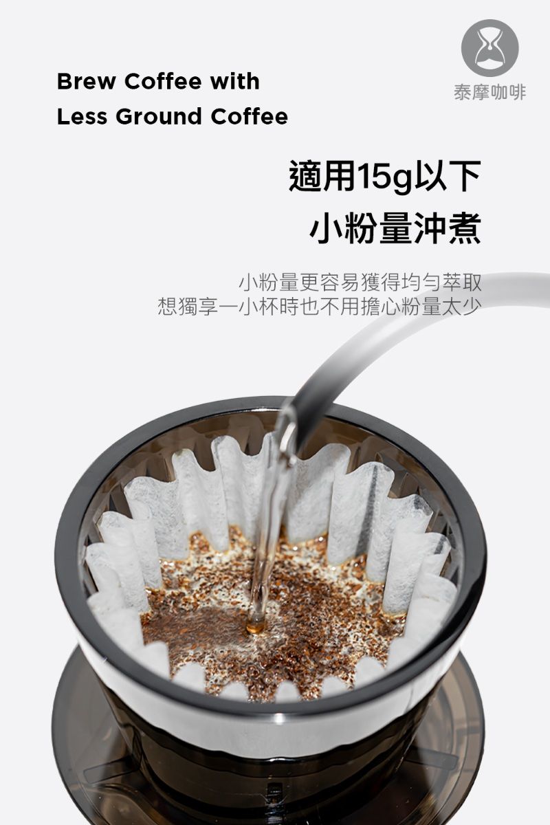 Brew Coffee withLess Ground Coffee泰摩咖啡適用15g以下小粉量沖煮小粉量更容易獲得均勻萃取想獨享一小杯時也不用擔心粉量太少