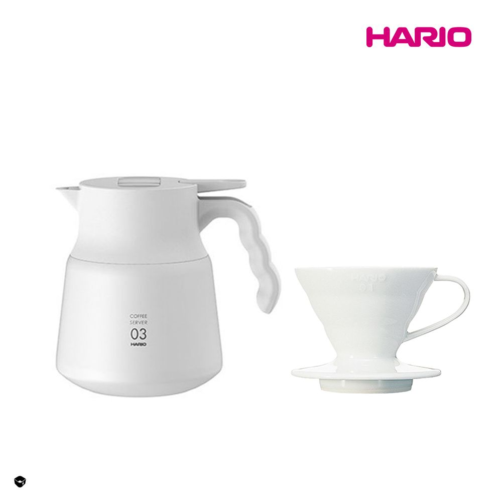 HARIO  純白系列 V60白色01磁石濾杯 + V60不鏽鋼保溫咖啡壺白PLUS 800