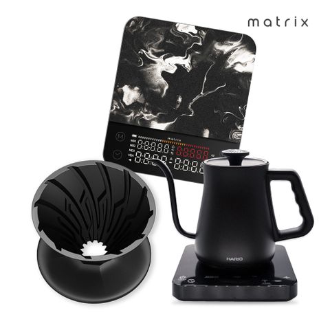 【Matrix X HARIO】M2 Pro AI大師 咖啡秤+α 阿爾法錐形凹肋陶瓷濾杯01黑+溫控細口壺650ml 組合