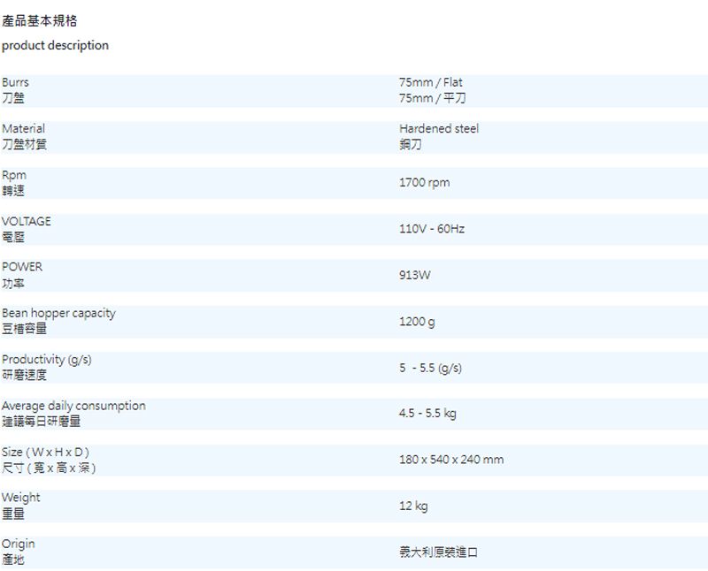 產品基本規格product descriptionBurrs刀盤Material刀盤材質Rpm轉速VOLTAGE電壓POWER功率Bean hopper capacity豆容量75mm / Flat75mm/平刀Hardened steel鋼刀1700 rpm110V-60Hz913W1200 gProductivity (g/s)研磨速度5 - 5.5 (g/s)Average daily consumption建議每日研磨量4.5 - 5.5 kgSize ()尺寸(寬x高x深)Weight重量Origin產地180x540x240 mm12 kg義大利原裝進口