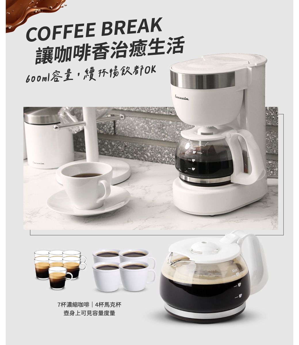 COFFEE BREAK讓咖啡香治癒生活600ml容量續OK7杯濃縮咖啡|4杯馬克杯壺身上可見容量度量MaxMax