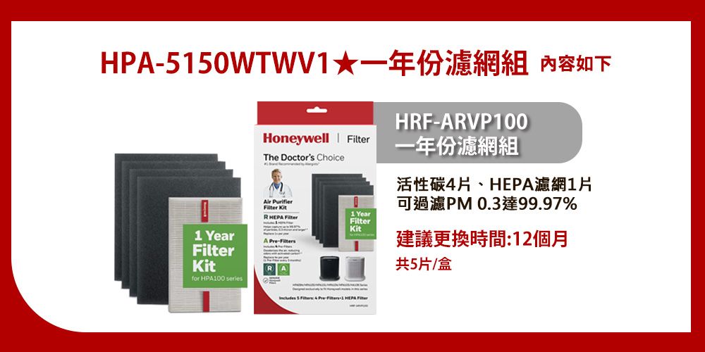 HPAHoneywell The Doctors Choice YearAir PurifierFilter Kit  FilterA RAfor HPA00 1 YearFilterKitHRF-ARVP100一年份濾網組活性碳4片、HEPA濾網1片可過濾PM 0.3達99.97%建議更換時間:12個月共片/盒 5   --1 HEPA