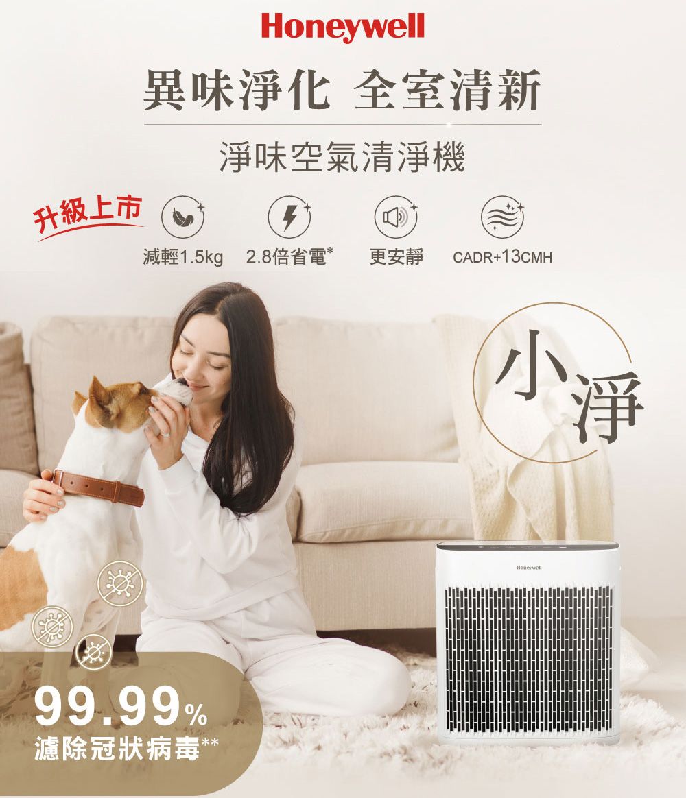 Honeywell異味淨化 全室清新淨味空氣清淨機升級上市減輕1.5kg 2.8倍省電* 更安靜 CADR+13CMH99.99%濾除冠狀病毒***小淨Honeywell