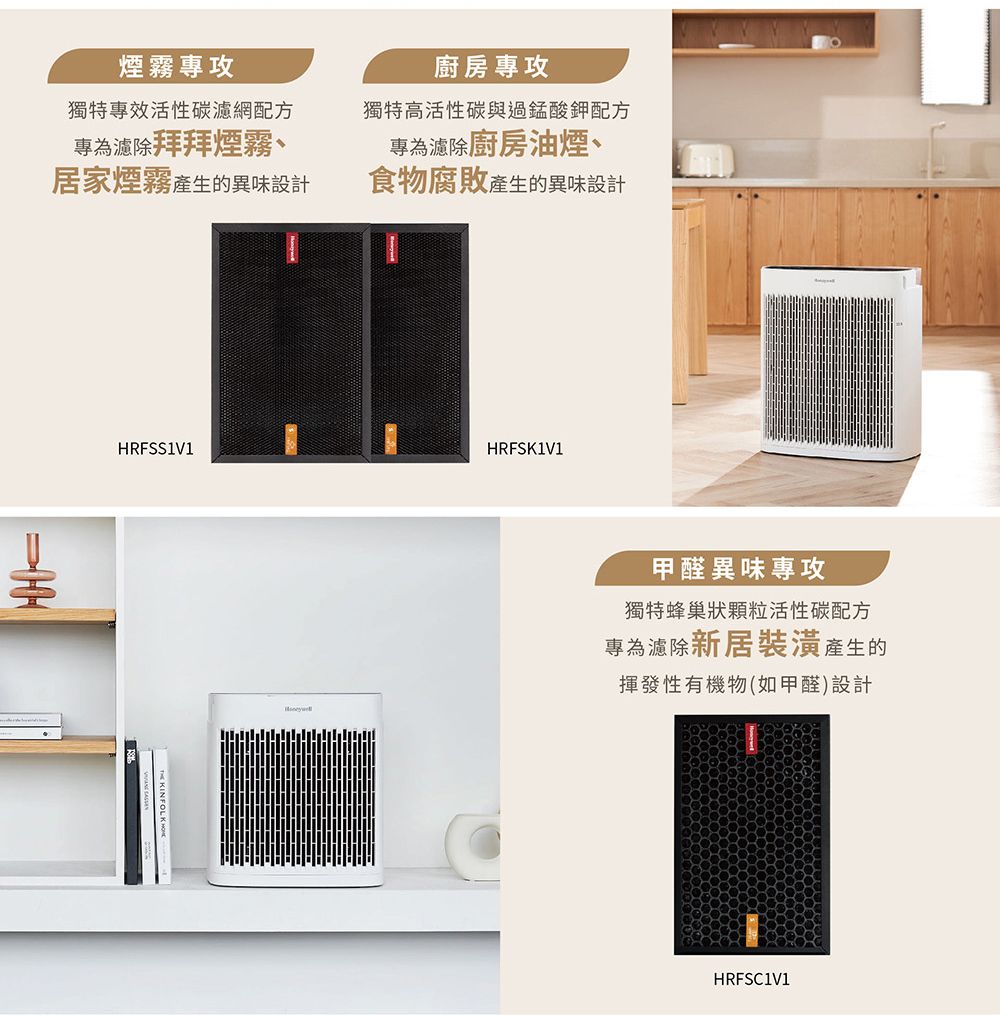 煙霧獨特專效活性碳濾網配方廚房專攻獨特高活性碳與過錳酸鉀配方專為濾除拜拜煙霧、居家煙霧產生的異味設計專為濾除廚房油煙、食物腐敗產生的異味設計HRFSS1V1HRFSK1V1甲醛異味專攻獨特蜂巢狀顆粒活性碳配方專為濾除新居裝潢產生的揮發性有機物(如甲醛)設計HRFSC1V1