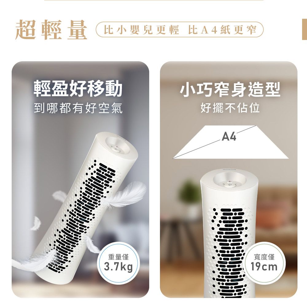 超輕量 比小嬰兒更輕 比A4紙更窄輕盈好移動小巧窄身造型到哪都有好空氣好擺不佔位A4重量僅3.7kg寬度僅19cm