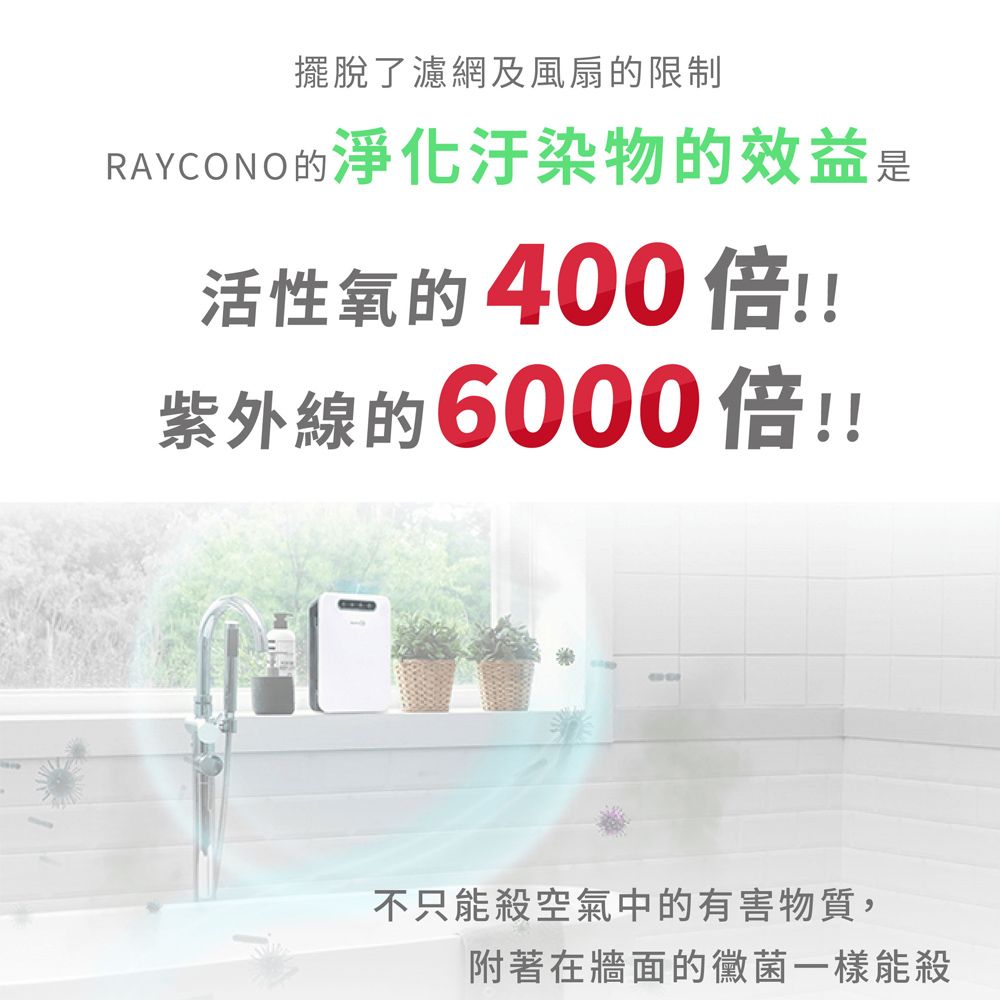 擺脫了濾網及風扇的限制RAYCONO的淨化汙染物的效益是活性氧的400倍!!紫外線的6000倍!!不只能殺空氣中的有害物質,附著在牆面的黴菌一樣能殺