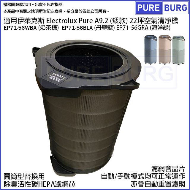  適用Electrolux伊萊克斯Pure A9.2矮款22坪EP71-56WBA EP71-56BLA EP71-56GRA高效活性碳HEPA濾網