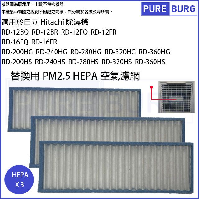 HITACHI 日立 適用除濕機RD-12BQ RD-12BR RD-16FR RD-16FQ RD-200HS RD-240HG更換用PM2.5 HEPA空氣濾網