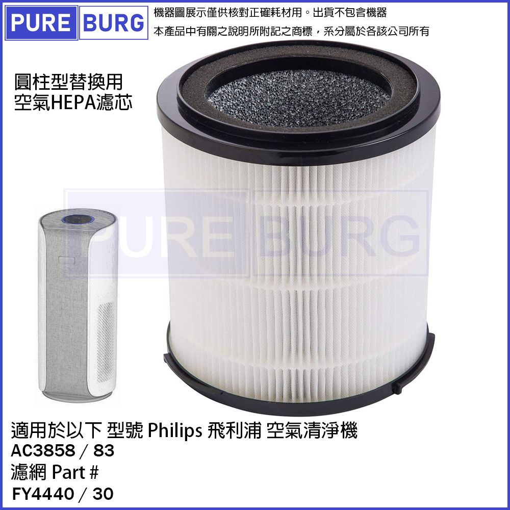 PUREBURG 適用適用Philips飛利浦AC3858 / 83奈米級空氣清淨機除臭活性碳HEPA濾網芯取代FY4440 / 30