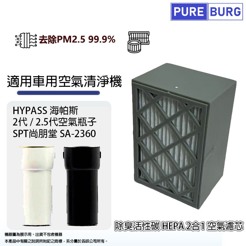 PUREBURG 適用HYPASS海帕斯2代/2.5代空氣瓶子SPT尚朋堂SA-2360車用空氣清淨機活性碳HEPA濾網濾芯