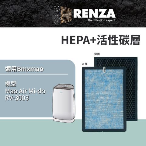 RENZA 適用Bmxmao Mao Air Mi-do RV-3003 負離子空氣清淨機 2合1HEPA+活性碳濾網 濾芯