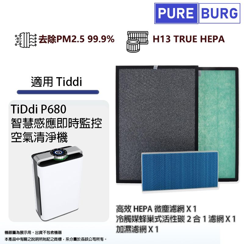  適用TiDdi P680智慧感應即時監控空氣清淨機高效HEPA+冷觸媒活性碳+加濕濾網濾芯1組共3片