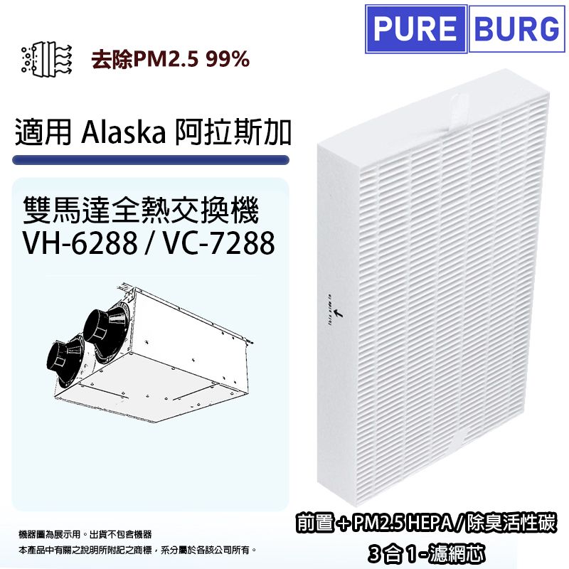  適用Alaska阿拉斯加VH-6288 VC-7288雙馬達全熱交換機替換用3合1前置+活性碳+PM2.5 HEPA濾網