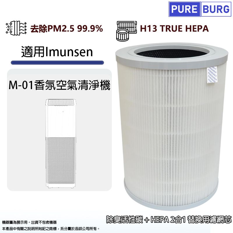  適用Imunsen M-01香氛空氣清淨機H13高效除臭活性碳 + HEPA 2合1 替換用濾網濾芯