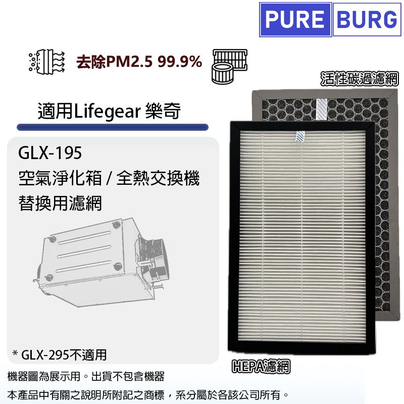  適用Lifegear 樂奇GLX-195 GLX195空氣淨化箱/全熱交換器/新風機PM2.5 HEPA+除臭活性碳濾網