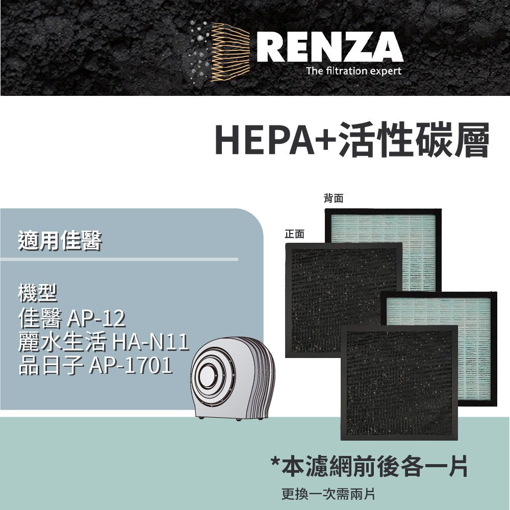 RENZA 適用 佳醫 AP-12 品日子 AP-1701 麗水生活 HA-N11 空氣清淨機 HEPA+活性碳 濾網 濾芯 濾心