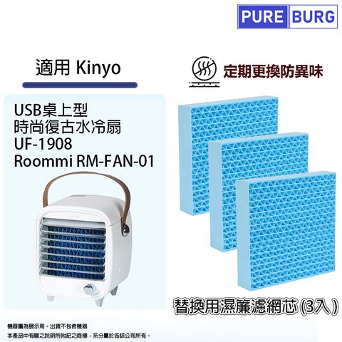 PUREBURG 適用Kinyo UF-1908 Roommi RM-FAN-01時尚復古水冷扇/USB桌上型移動式冷氣濕簾濾網濾芯