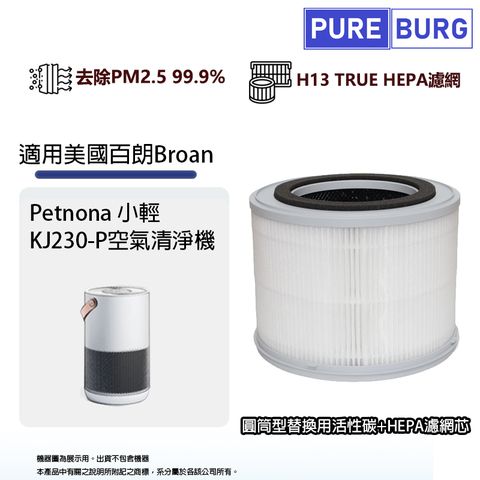 PUREBURG 適用美國百朗Broan KJ230-P Petnona 小輕空氣清淨機替換用除臭除甲醛活性碳HEPA濾網濾芯