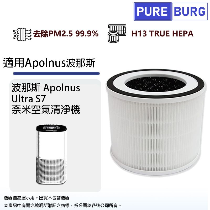 PUREBURG 適用Apolnus波那斯Ultra S7 奈米空氣清淨機替換用除臭活性碳HEPA濾網濾芯