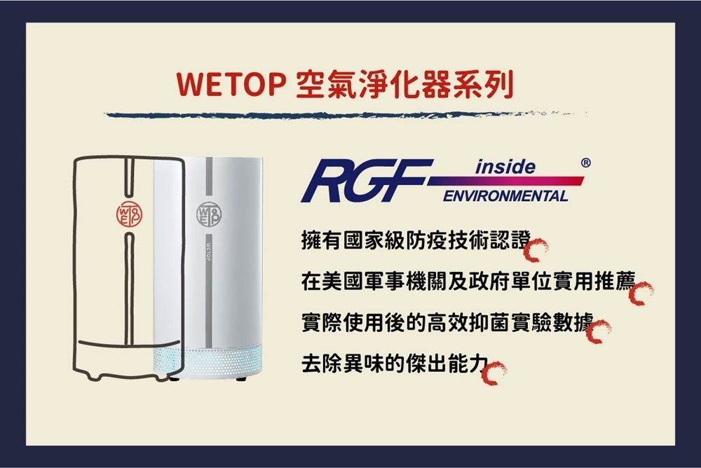 WETOP 空氣淨化器系列RGF-insideENVIRONMENTAL擁有國家級防疫技術認證在美國軍事機關及政府單位實用推薦實際使用後的高效抑菌實驗數據 去除異味的傑出能力