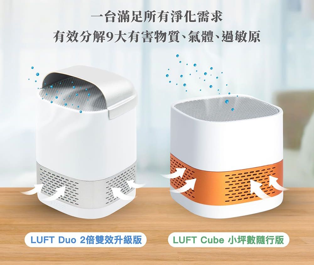 一台滿足所有淨化需求有效分 解9大有 害物質、氣體、過敏原LUFT Duo 2倍雙效升級版LUFT Cube 小坪數隨行版