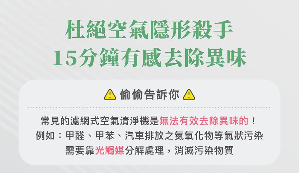 杜絕空氣隱形殺手15分鐘有感去除異味 偷偷告訴你常見的濾網式空氣清淨機是無法有效去除異味的!例如:甲醛、甲苯、汽車排放之氮氧化物等氣狀污染需要靠光觸媒分 解處理,消滅污染物質