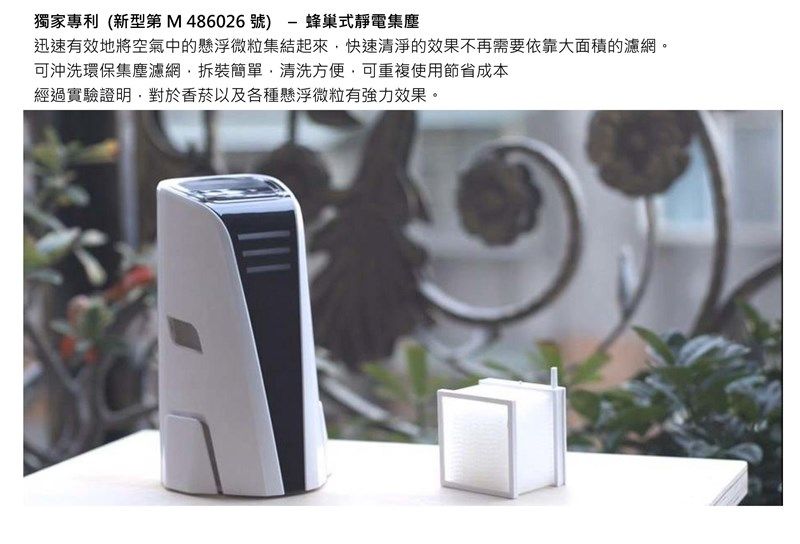 獨家專利(新型第M486026號)  蜂巢式靜電集塵迅速有效地將空氣中的懸浮微粒集結起來快速清淨的效果不再需要依靠大面積的濾網。可沖洗環保集塵濾網拆裝簡單清洗方便可重複使用節省成本經過實驗證明,對於香菸以及各種懸浮微粒有強力效果。