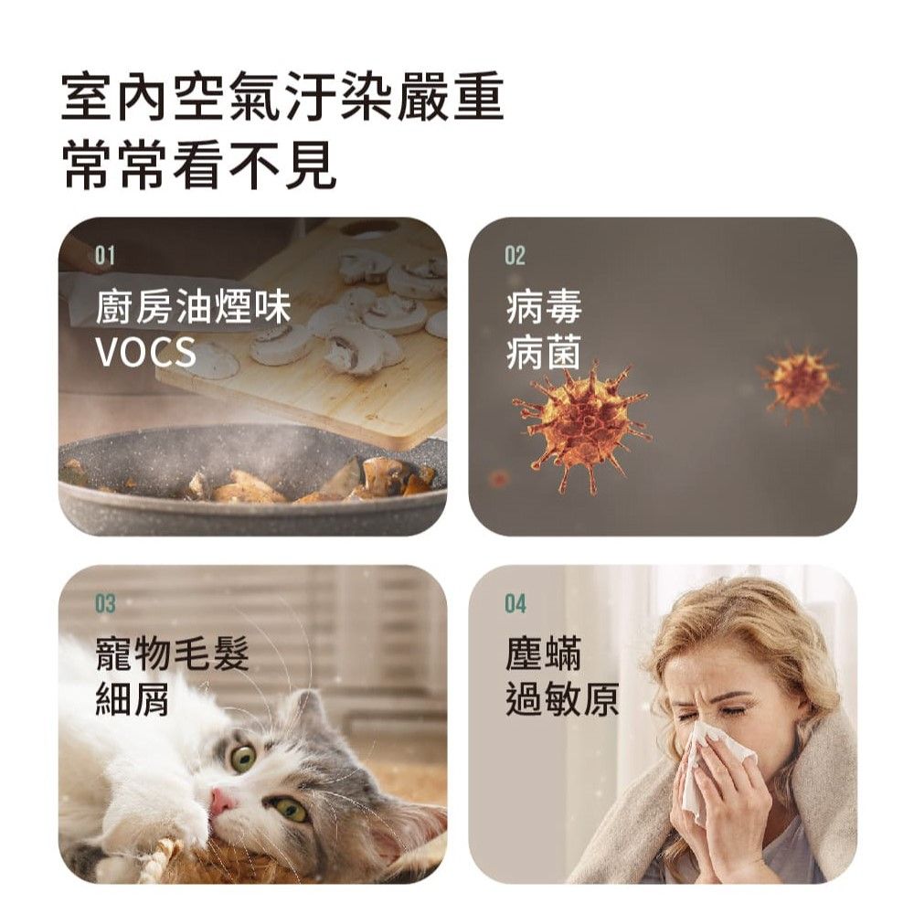 室內空氣汙染嚴重常常看不見01廚房油煙味VOCS02病菌03寵物毛髮細屑04塵蟎過敏原