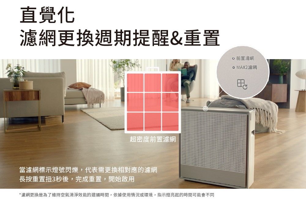 直覺化濾網更換週期提醒&重置超密度前置濾網當濾網標示燈號閃爍,代表需更換相對應的濾網長按重置扭3秒後,完成重置,開始啟用*濾網更換是為了維持空氣清淨效能的建議時間,依據使用情況或環境,指示燈亮起的時間可能會不同前置濾網 MAX2濾網