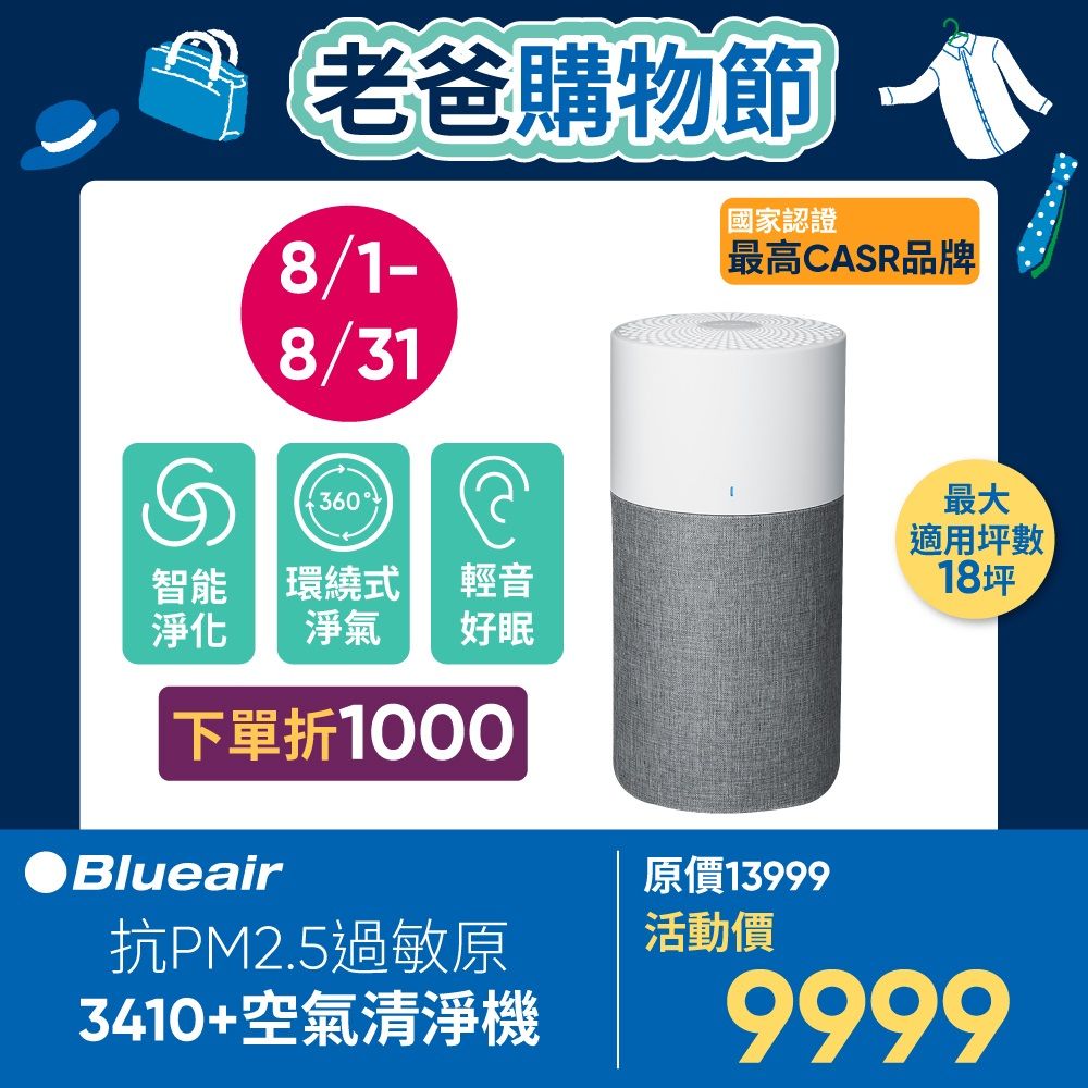 Blueair 瑞典 抗PM2.5過敏原空氣清淨機BLUE3410+升級版 10-15坪