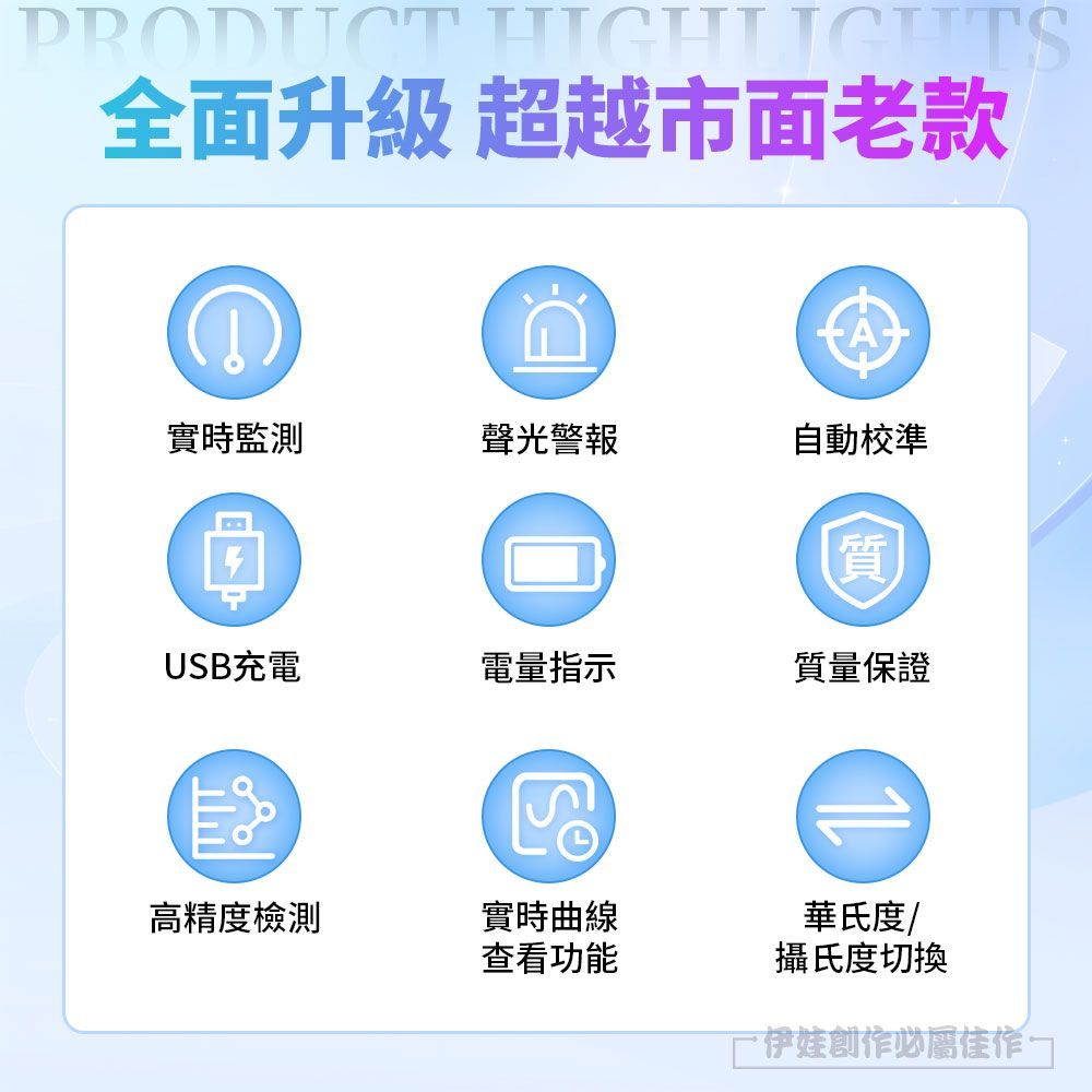 PRODUCT HIGHLIGHTS全面升級 超越市面老款實時監測聲光警報自動校準質USB充電電量指示質量保證高精度檢測實時曲線華氏度/查看功能攝氏度切換·伊娃創作必屬佳作