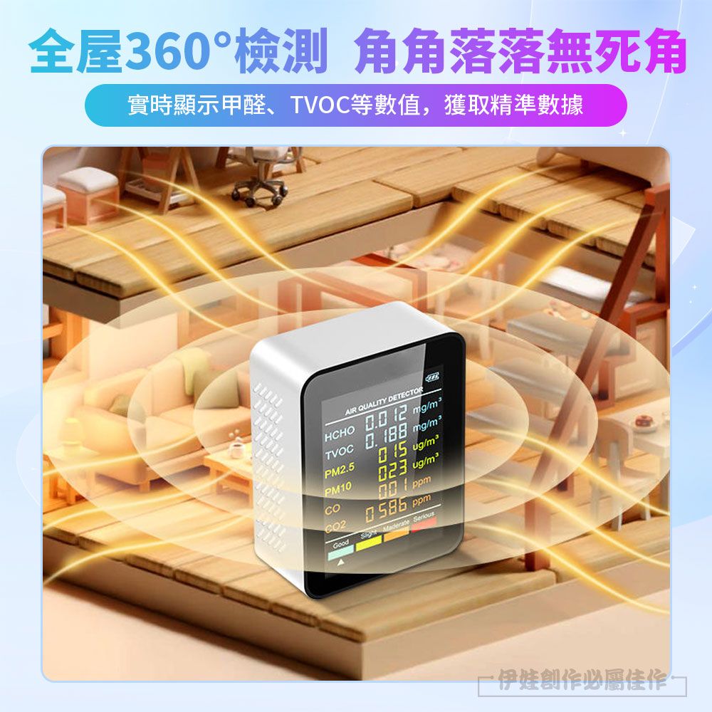 全屋360°檢測 角角落落無死角實時顯示甲醛、等數值,獲取精準數據AIR QUALITY DETECTOR   /TVOC mg/PM2.5PM10  /m² ug/ ppm  Serious創作必