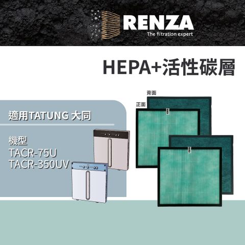 RENZA 適用 TATUNG 大同 TACR-75U TACR-350UV 多重功能空氣清淨機 HEPA+活性碳 濾網 濾芯 濾心 2入組