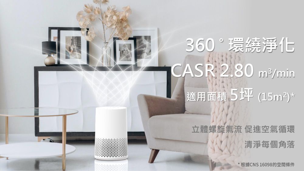 360°環繞淨化CASR 2.80 min適用面積5坪 ()*立體螺旋氣流 促進空氣循環清淨每個角落*根據CNS 16098的空間條件