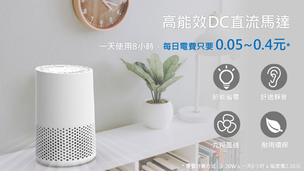 8高能效DC直流馬達使用8小時,每日電費只要0.05~0.4元*節能省電舒適靜音九段風速耐用環保*電費計算方式:3-20W一天8小時x每度電2.38元