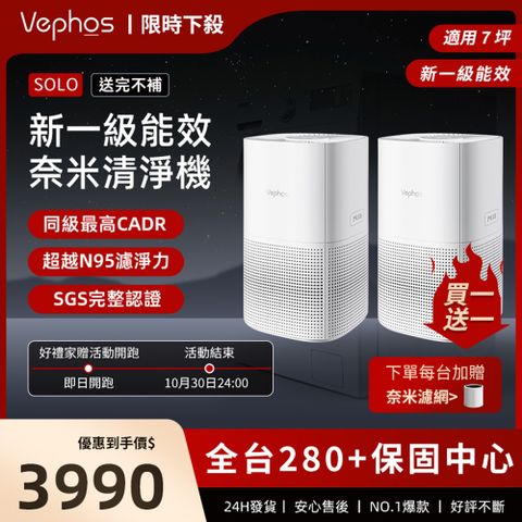 Vephos 買一送一【 Vephos 限時下殺 】新一級能效奈米空氣清淨機(超細奈米濾淨力/SGS國際認證/適用7坪/Solo)