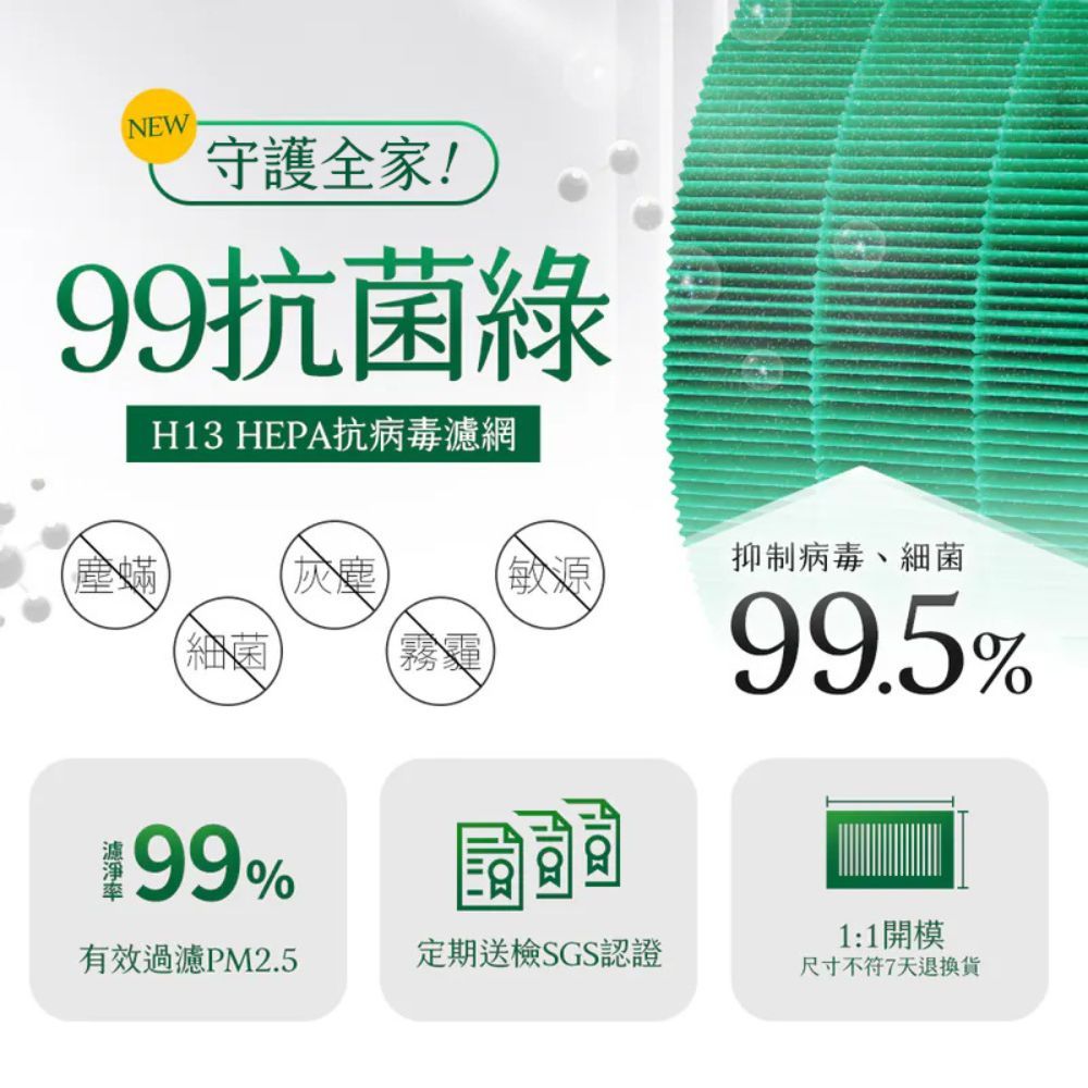 NEW守護全家!99抗菌綠H13 HEPA抗病毒濾網細菌灰園199%有效過濾PM2.5定期送檢SGS認證抑制病毒、細菌99.5%1:1開模尺寸不符7天退換貨